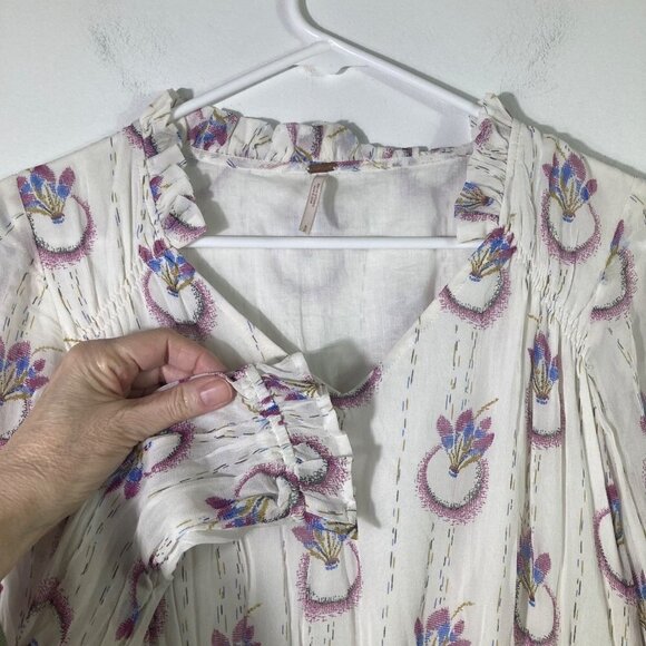 Womens Free People Wild Horses Smocked Boho Dress Sheer Sleeve‎ White Pink S - Picture 3 of 10